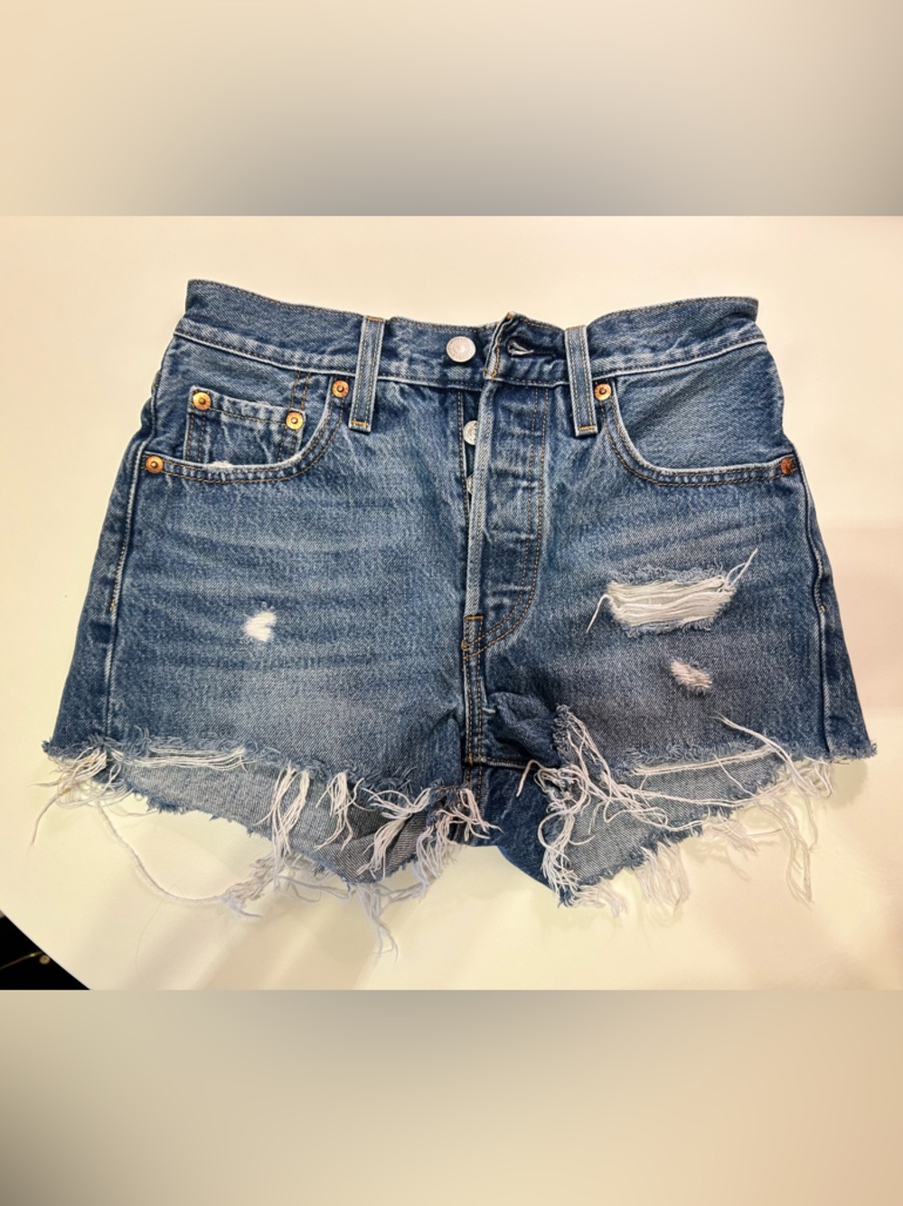 Levi's 501 Distressed Light Blue Denim Cutoff Shorts